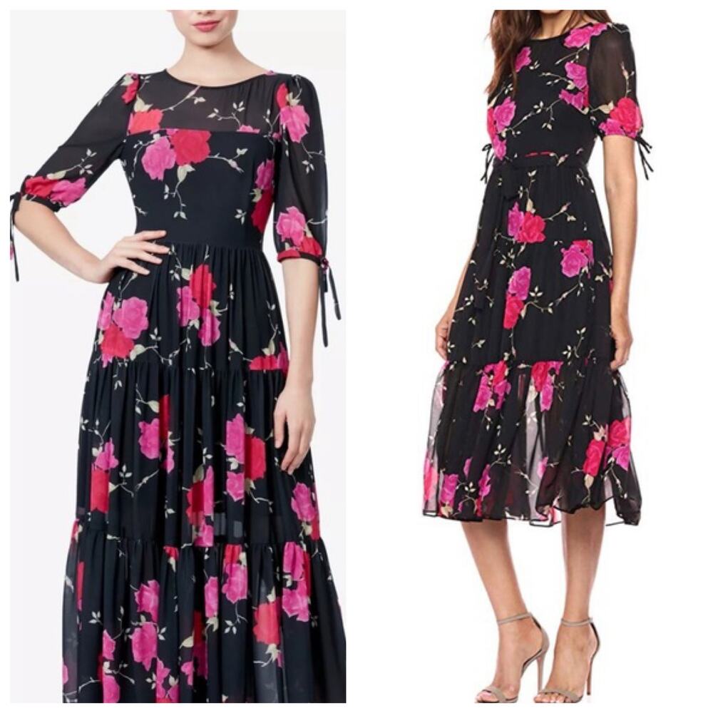 Betsey Johnson Rose Floral Chiffon Midi Dress Size Size 6 Tiered Vintage Y2K